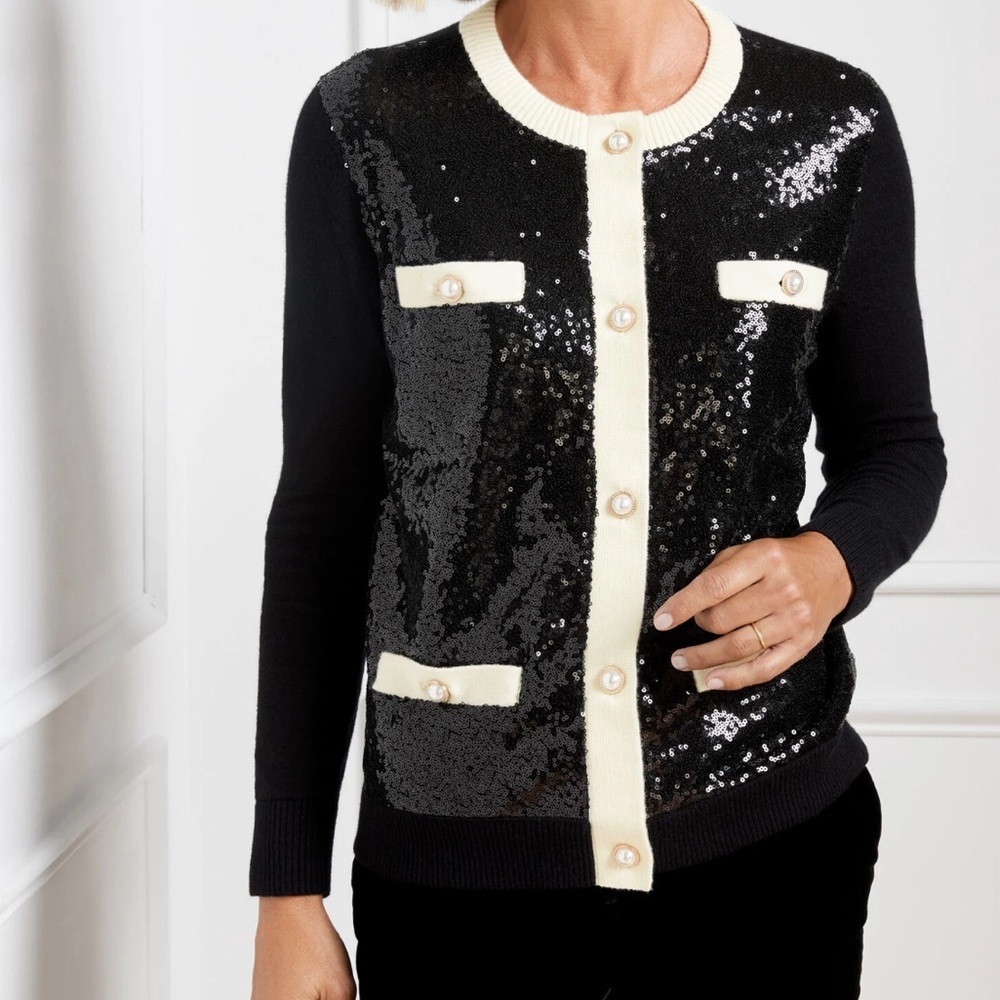 Talbots Sequin Embellished Jacket Cardigan Black And Cream Button Down Size 1XP